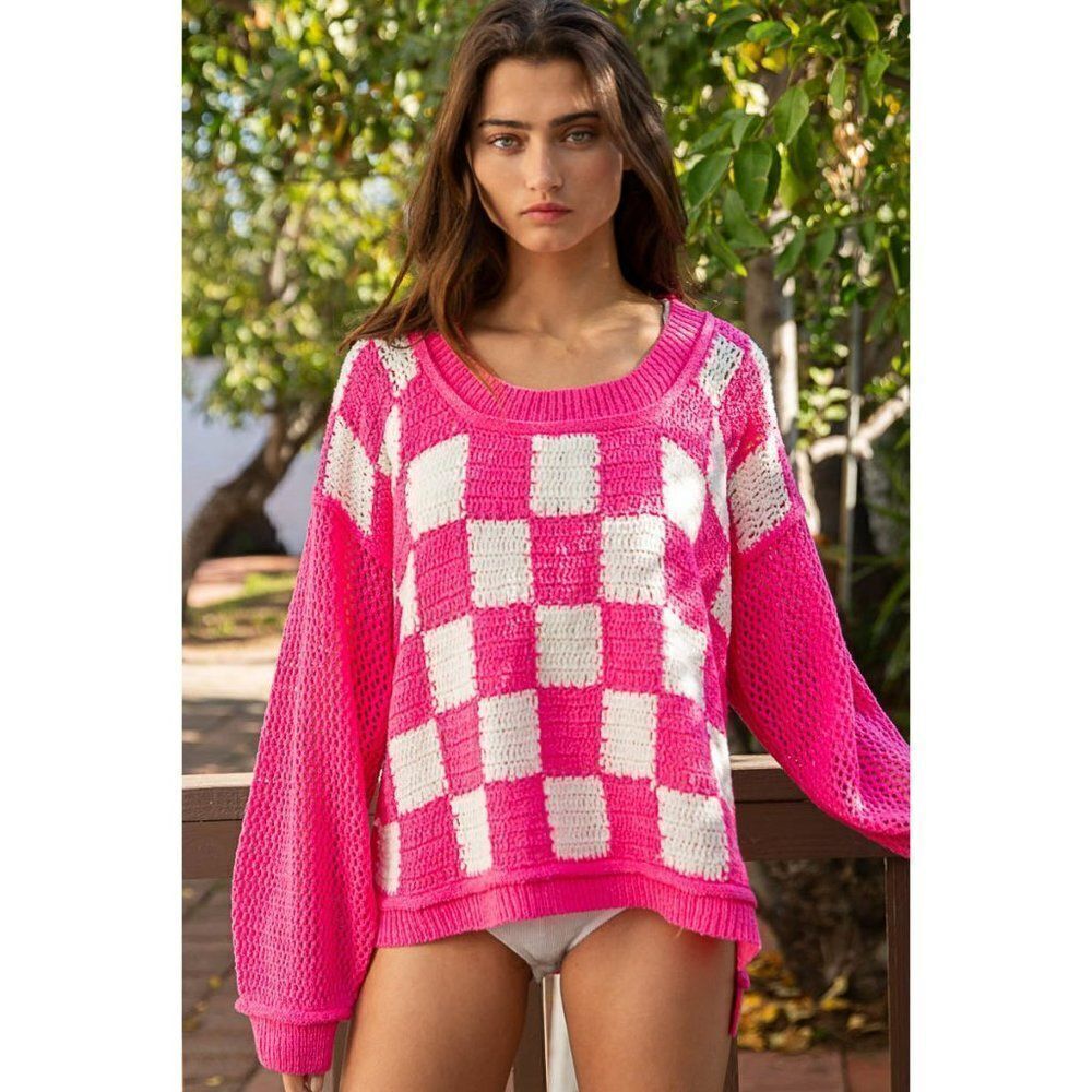 POL Catching Feelings Checkered Sweater in Pink/White FST250A - Picture 2 of 9